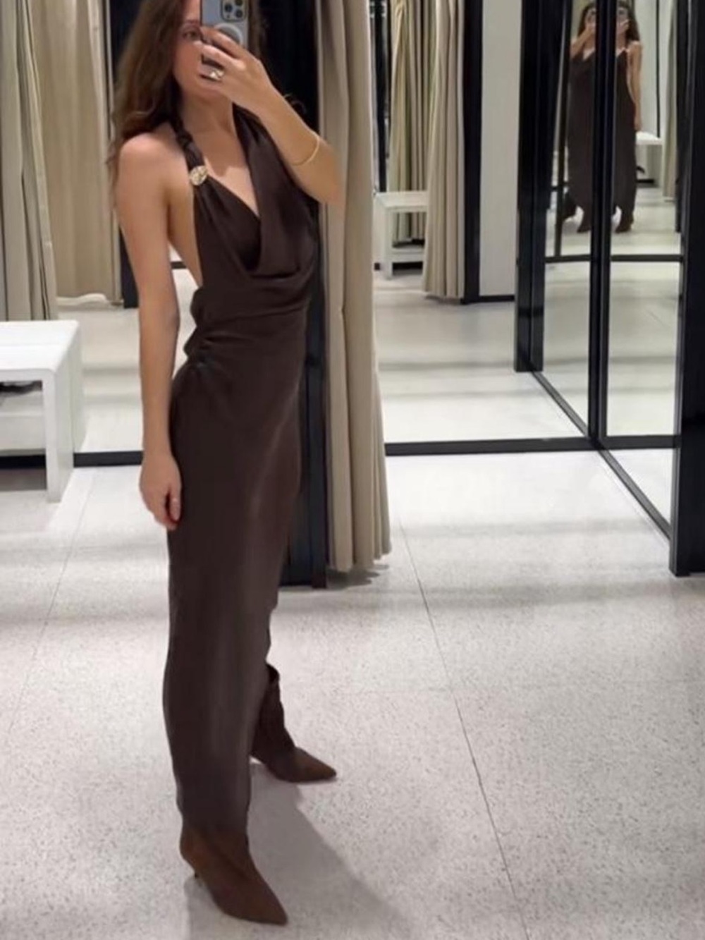 Zara Brown Backless Halter Maxi Dress